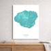 Teal topographic map of Kauai on a white background, framed and leaning against a light gray wall.