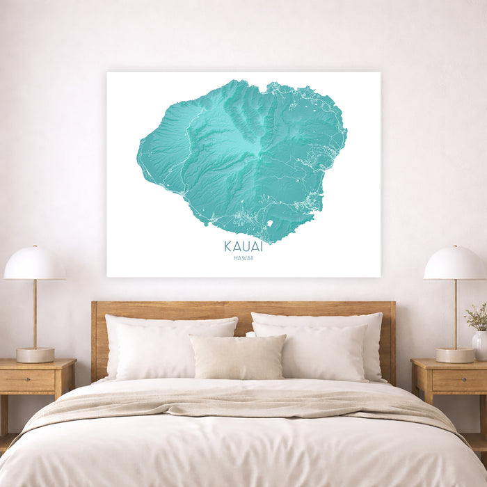 Teal Kauai map artwork on a white wall above a bed with wooden headboard and nightstands.