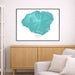 Framed map of Kauai on a wall above a wooden cabinet and sofa.