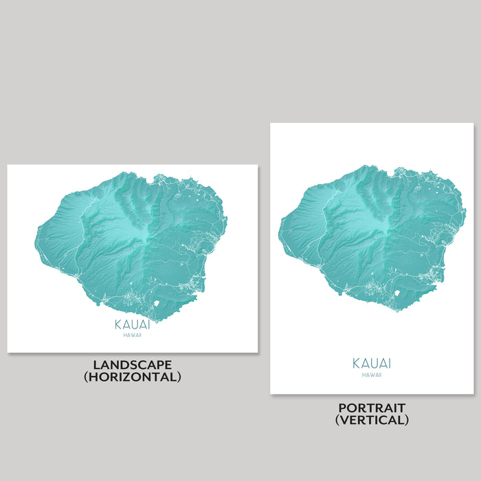 Two Kauai maps, one landscape and one portrait, on a gray background.