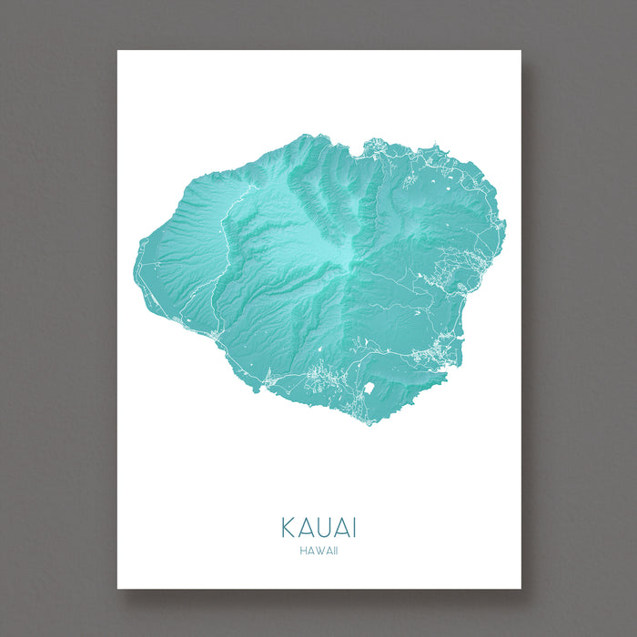 Map of Kauai, Hawaii in teal color on a white background