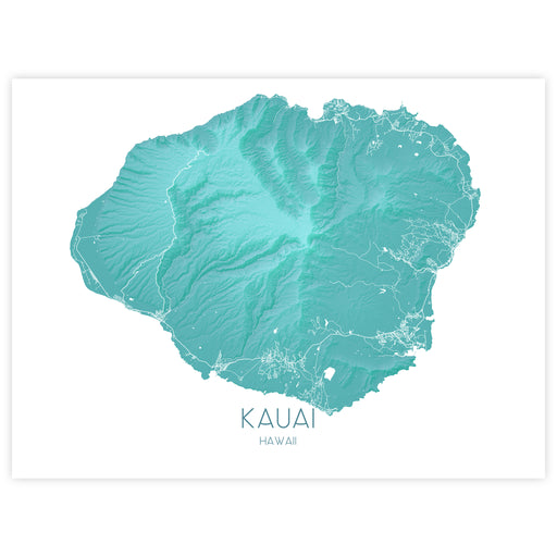 Map of Kauai, Hawaii in teal color on a white background