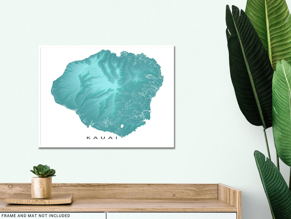 Kauai, Hawaii map print with natural island landscape in aqua tints designed by Maps As Art.
