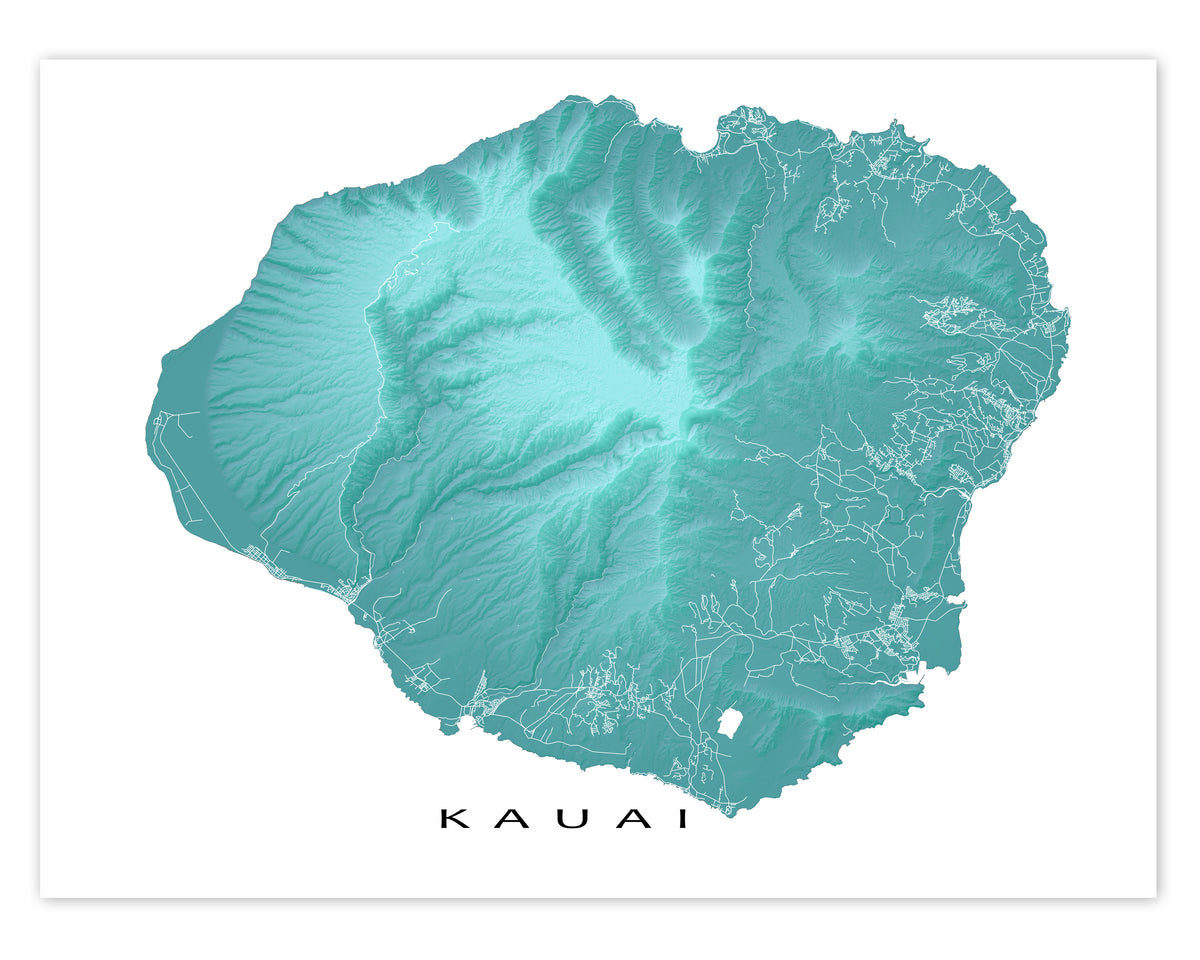 Kauai Map Wall Art Print, Aqua Turquoise Topographic Hawaii Island