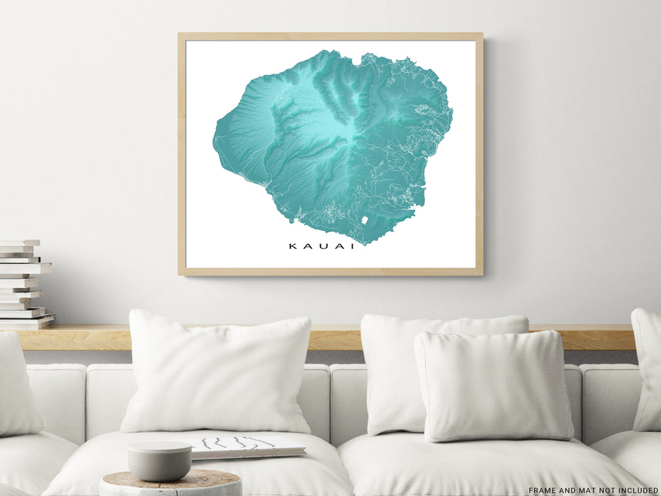Kauai, Hawaii map print with natural island landscape in aqua tints designed by Maps As Art.