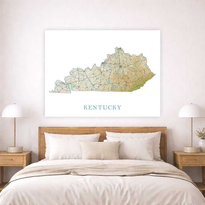 Map of Kentucky on a wall above a bed in a bedroom setting