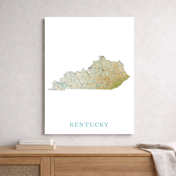 Map of Kentucky on a white wall above a wooden shelf.