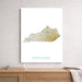 Map of Kentucky on a white wall above a wooden shelf.