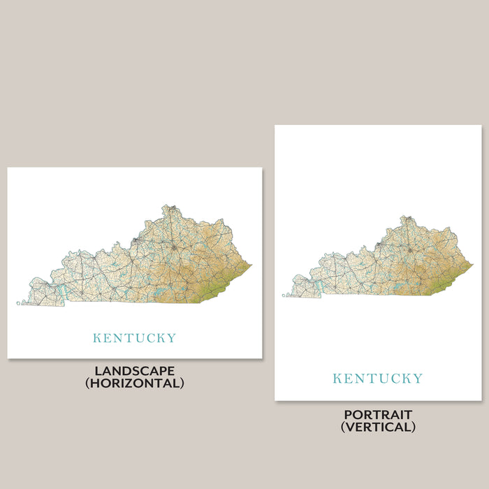 Two maps of Kentucky, one landscape and one portrait, on a beige background.