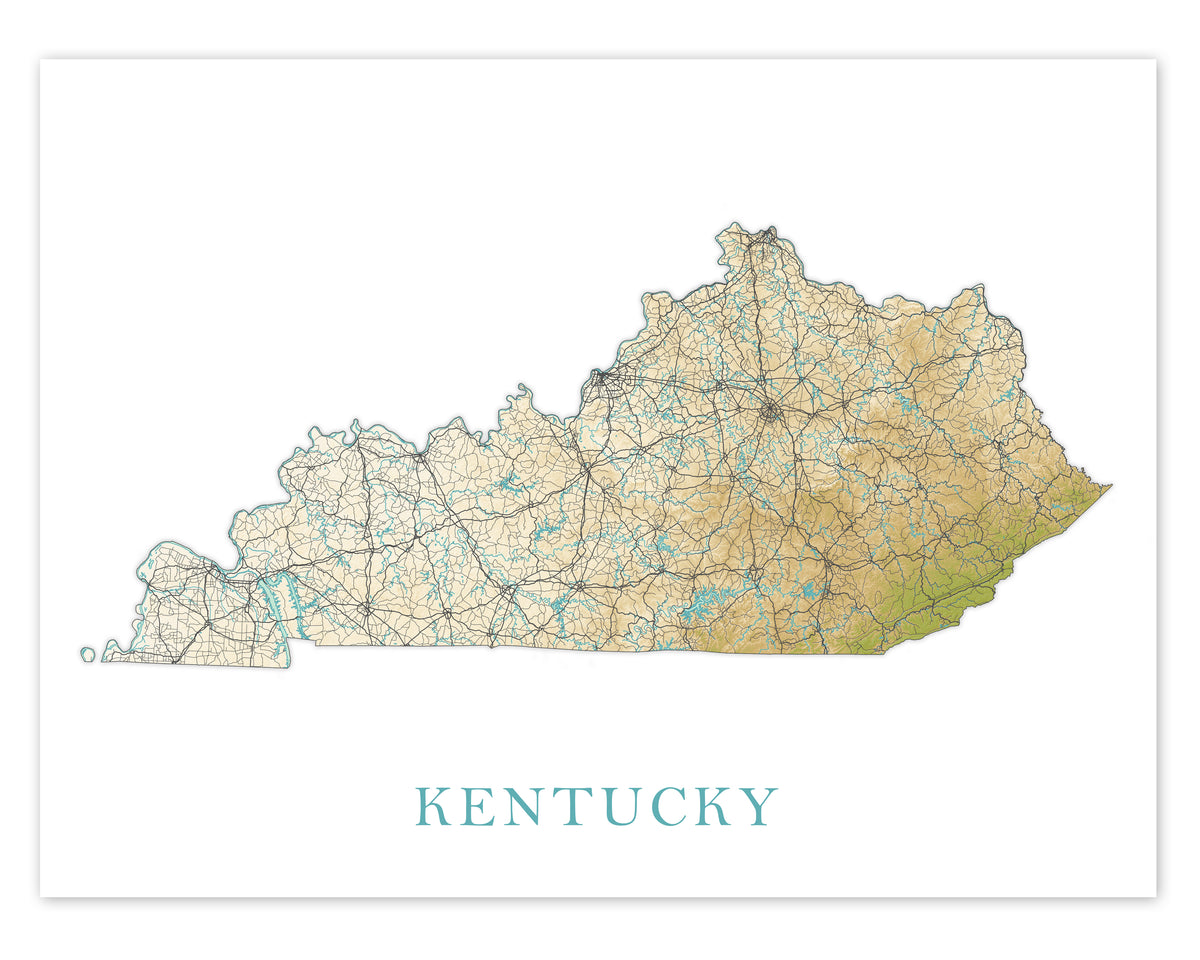 Kypost Map Kentucky State Map Print Poster, Topographic Landscape Art KY Road Map ...