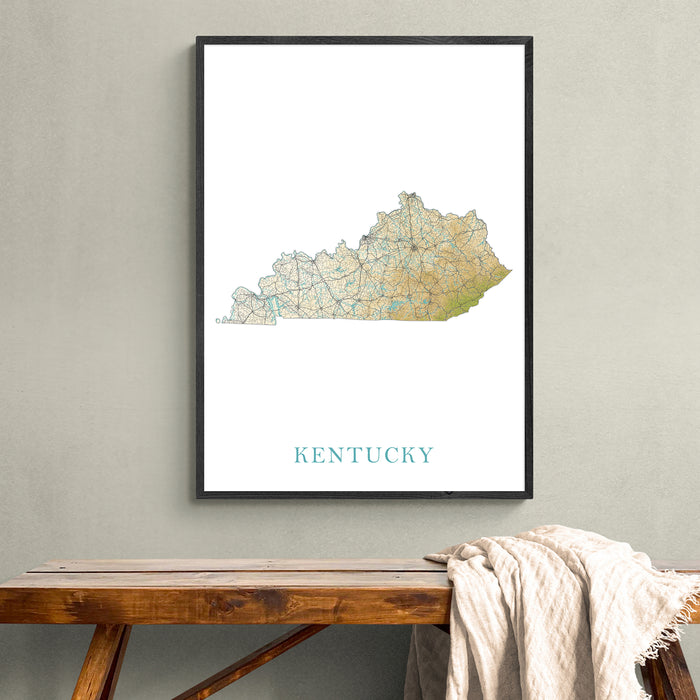 Framed map of Kentucky on a wall above a wooden bench.