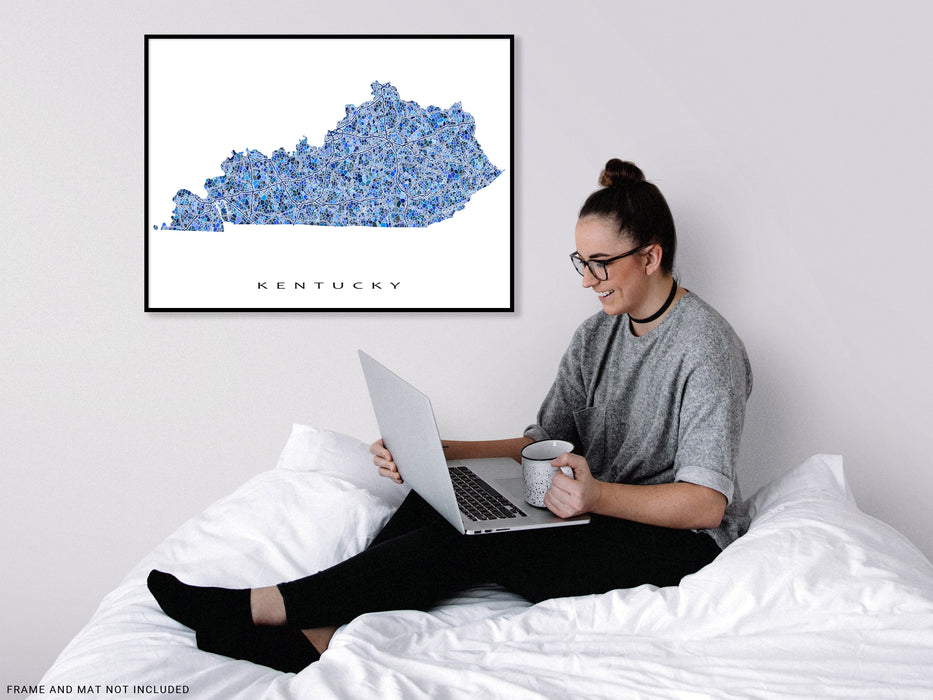Kentucky state map art print in blue shapes designed by Maps As Art.