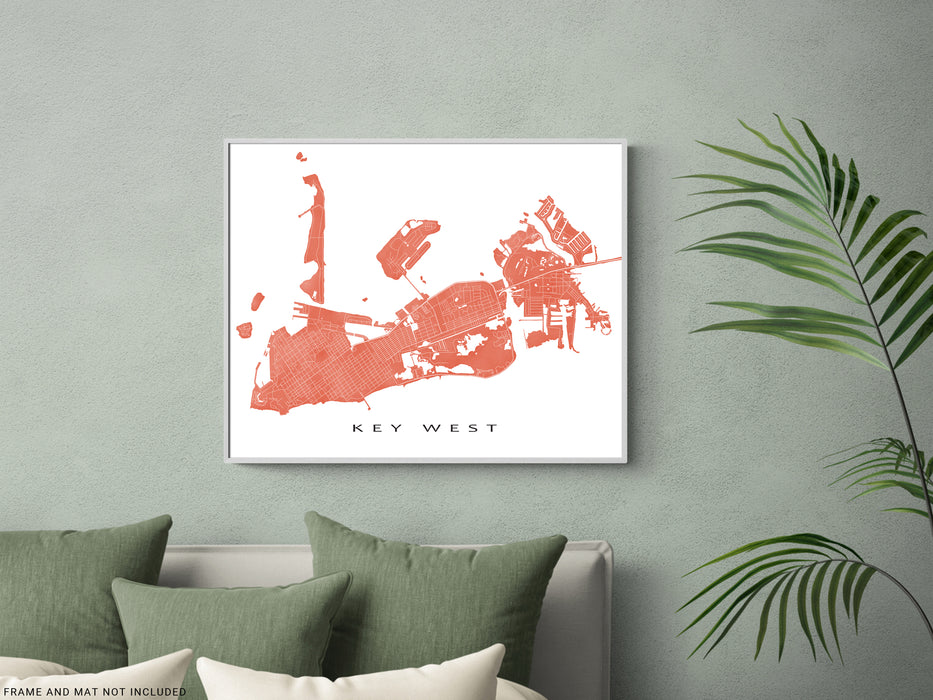 Key West, Florida Keys map print with natural landscape and main roads designed by Maps As Art.