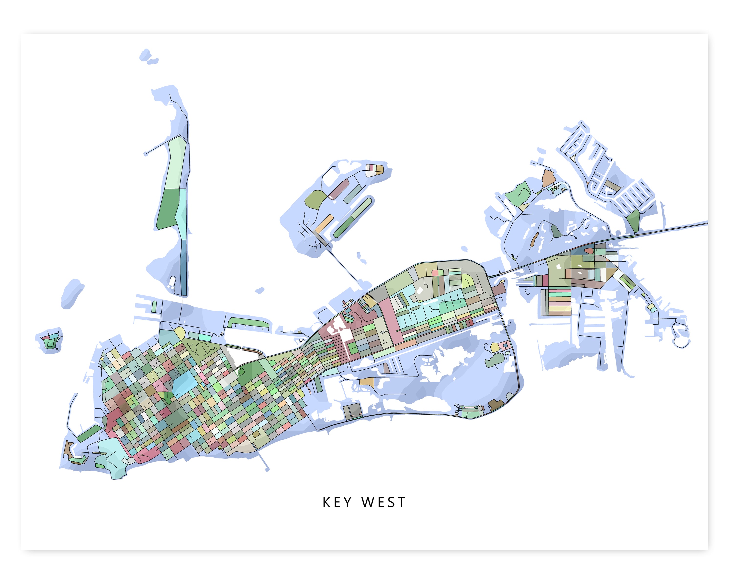 Key West Florida Keys Map Wall Art Print Poster with Multicolor Colorf ...