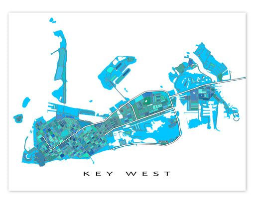 Key West, Florida Keys map art print in blue, aqua, turquoise shapes designed by Maps As Art.