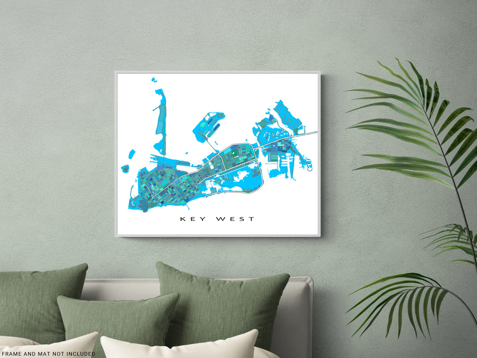 Key West, Florida Keys map art print in blue, aqua, turquoise shapes designed by Maps As Art.