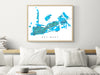 Key West, Florida Keys map art print in blue, aqua, turquoise shapes designed by Maps As Art.