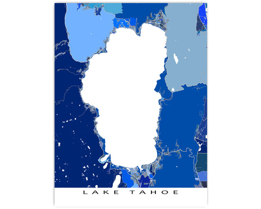 Lake Tahoe, California map art print in blue shapes designed by Maps As Art.