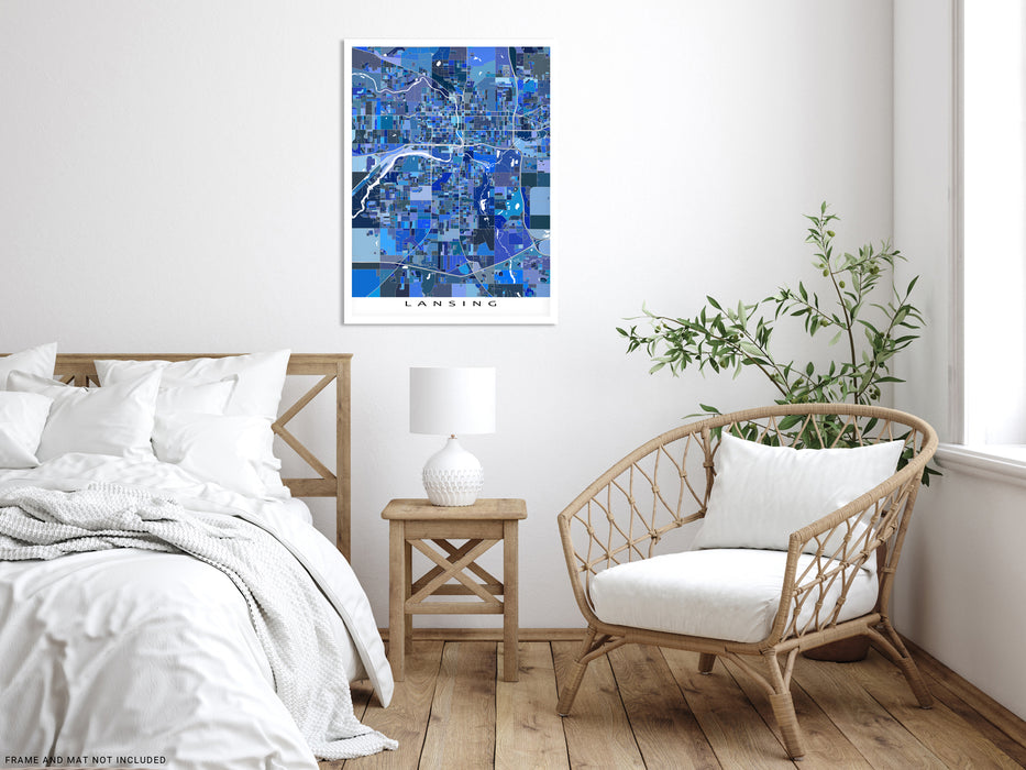 Lansing, Michigan map art print in blue shapes designed by Maps As Art.