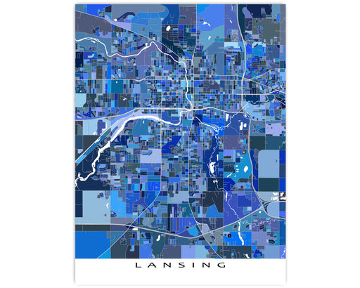 Lansing, Michigan map art print in blue shapes designed by Maps As Art.