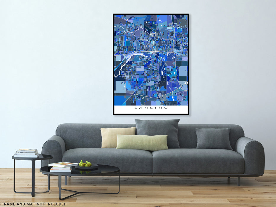 Lansing, Michigan map art print in blue shapes designed by Maps As Art.