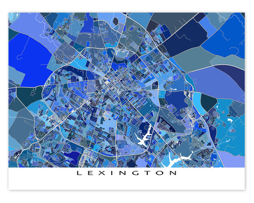 Lexington, Kentucky map art print in blue shapes designed by Maps As Art.