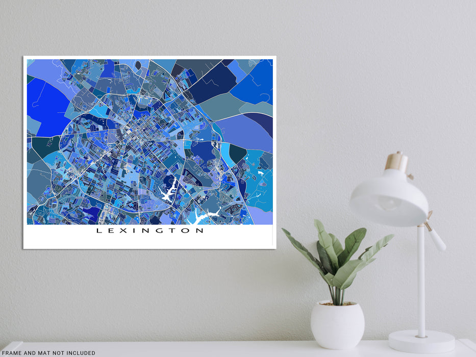 Lexington, Kentucky map art print in blue shapes designed by Maps As Art.