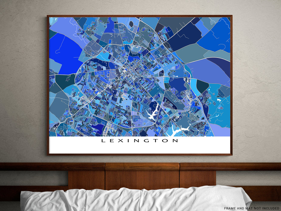 Lexington, Kentucky map art print in blue shapes designed by Maps As Art.