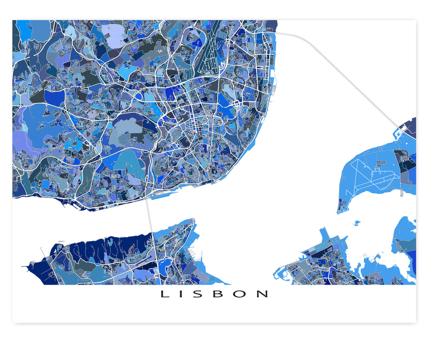 Lisbon Portugal City Street Map Wall Art Print Poster with Blue