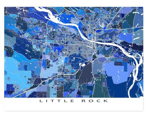 Little Rock, Arkansas map art print in blue shapes designed by Maps As Art.