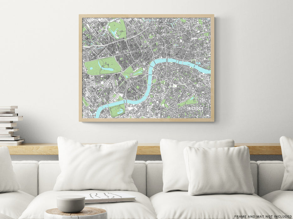 London, England map art print with city streets and buildings designed by Maps As Art.