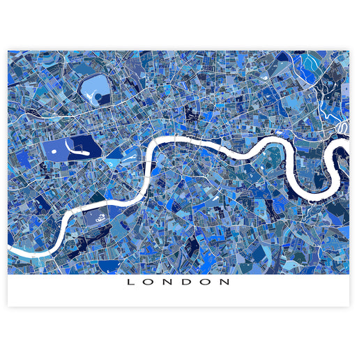 Map of London with a blue mosaic pattern and River Thames.