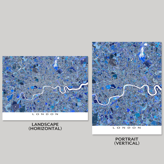 Two views of a map of London with a blue mosaic pattern on a gray background.