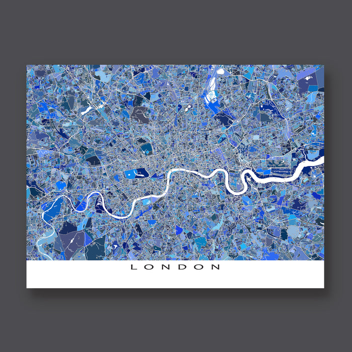 Map of London with a mosaic pattern on a dark gray background
