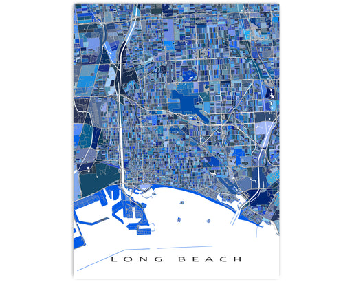 Long Beach CA blue shapes map print by Maps As Art.