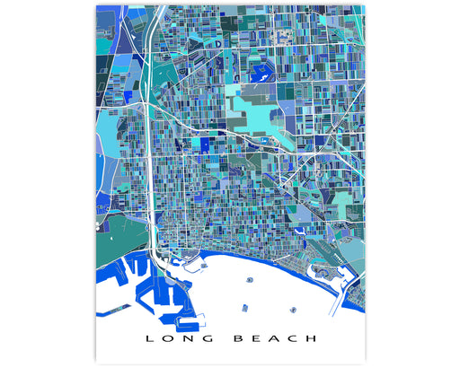 Long Beach, California map art print in blue, aqua and turquoise shapes designed by Maps As Art.