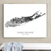 Framed map of Long Island, New York on a wall above a bench.