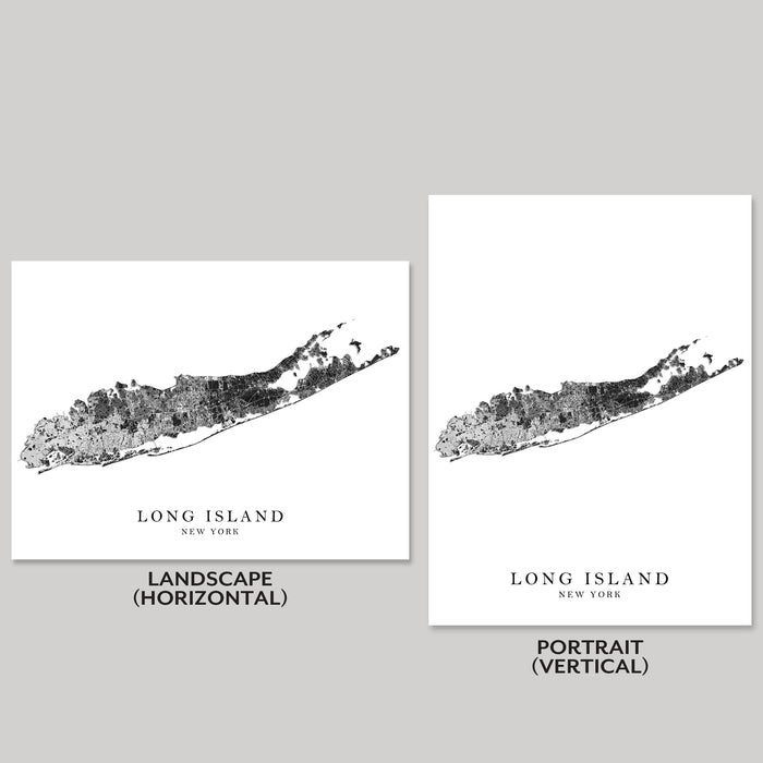 Two black and white prints of Long Island, New York, one landscape and one portrait orientation, on a gray background.
