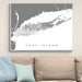 Framed map of Long Island on a wall above a beige sofa with blue pillows.