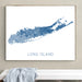 Framed map of Long Island on a wall above a bench.