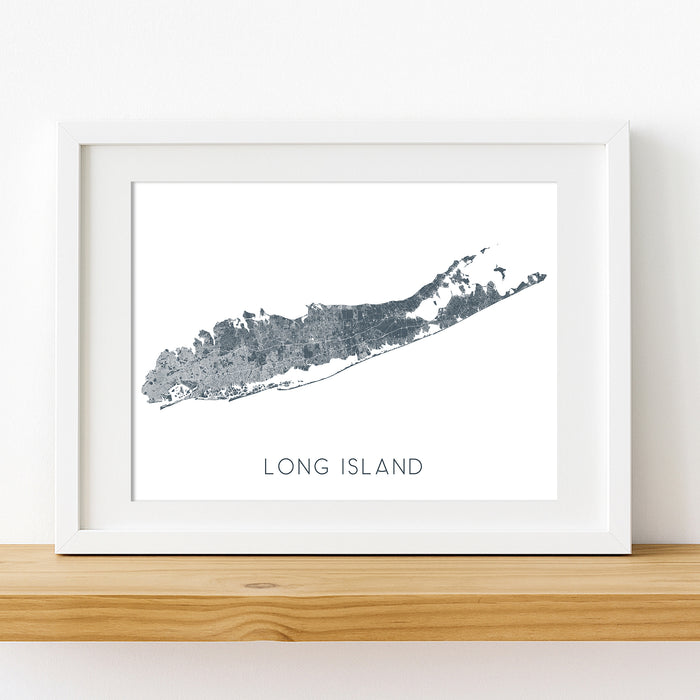 Framed map print of Long Island on a white wall