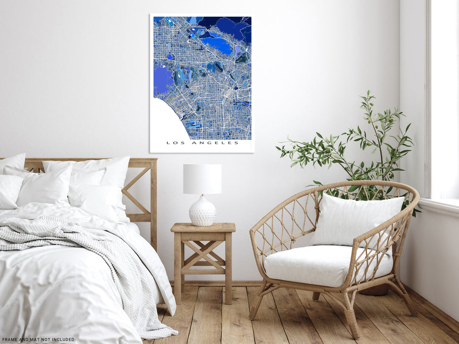 Los Angeles, California map art print in blue shapes designed by Maps As Art.