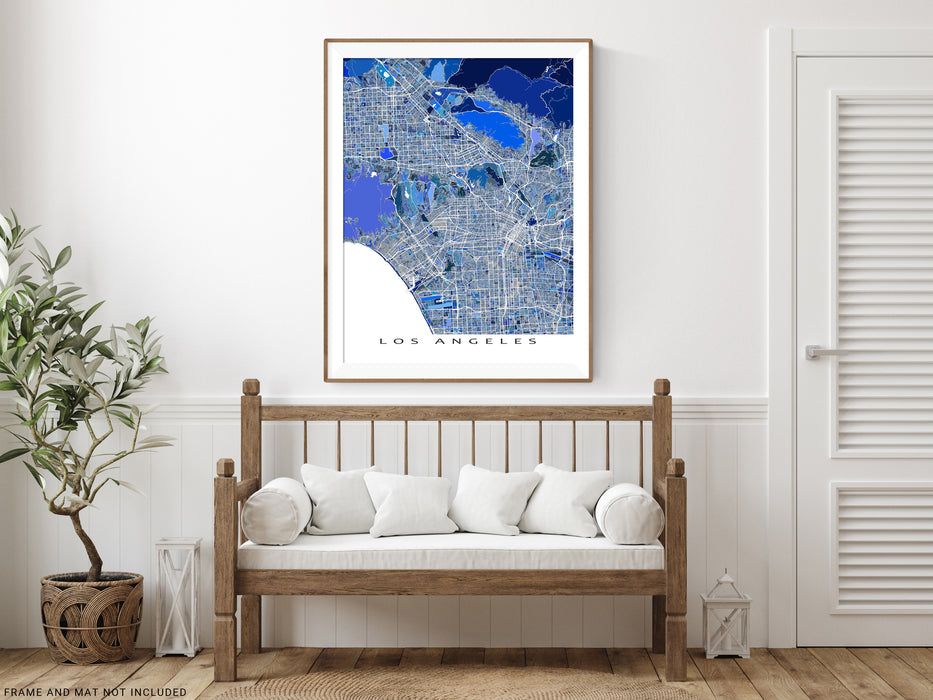 Los Angeles, California map art print in blue shapes designed by Maps As Art.