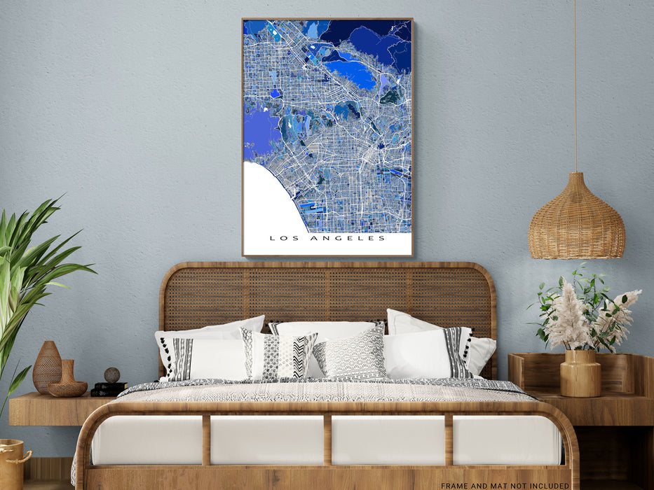 Los Angeles, California map art print in blue shapes designed by Maps As Art.