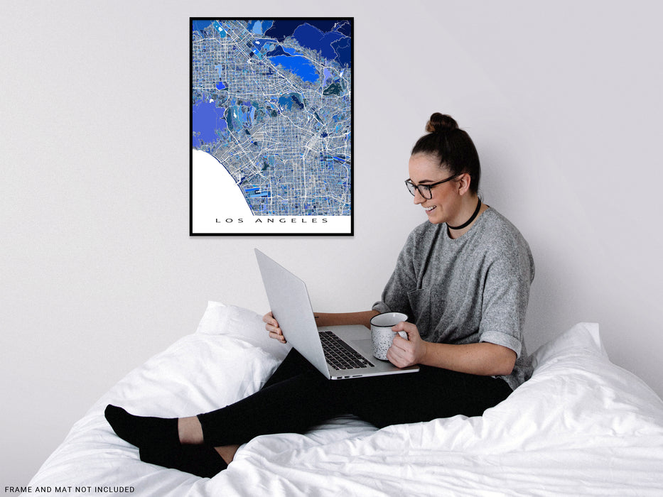 Los Angeles, California map art print in blue shapes designed by Maps As Art.
