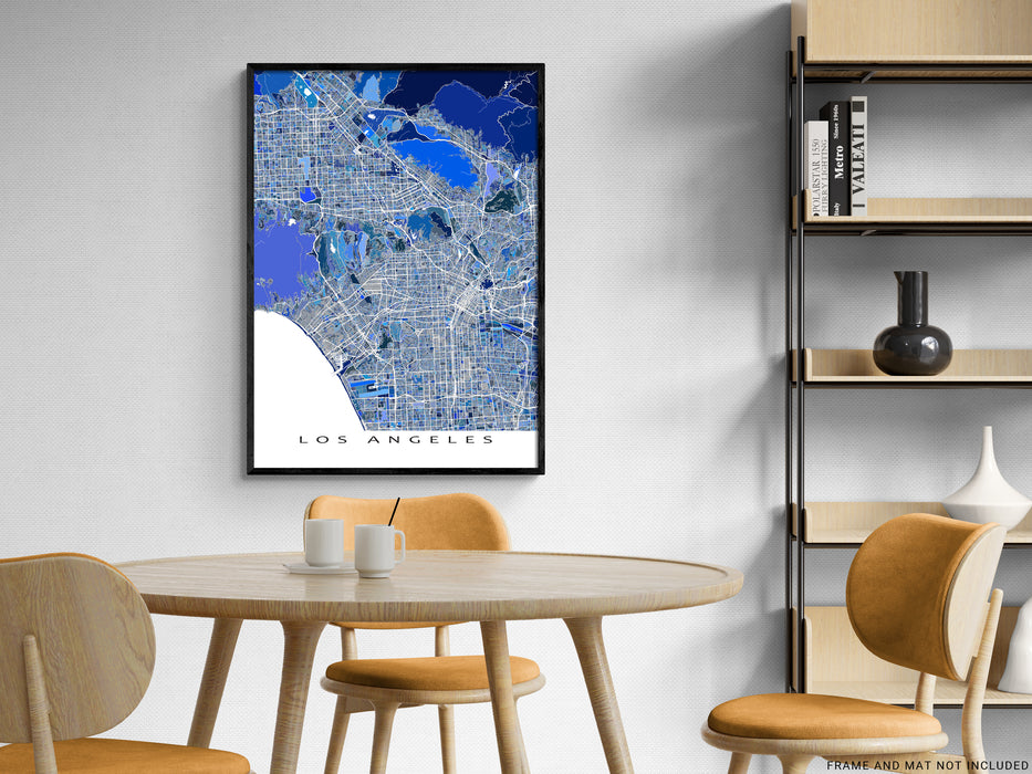 Los Angeles, California map art print in blue shapes designed by Maps As Art.