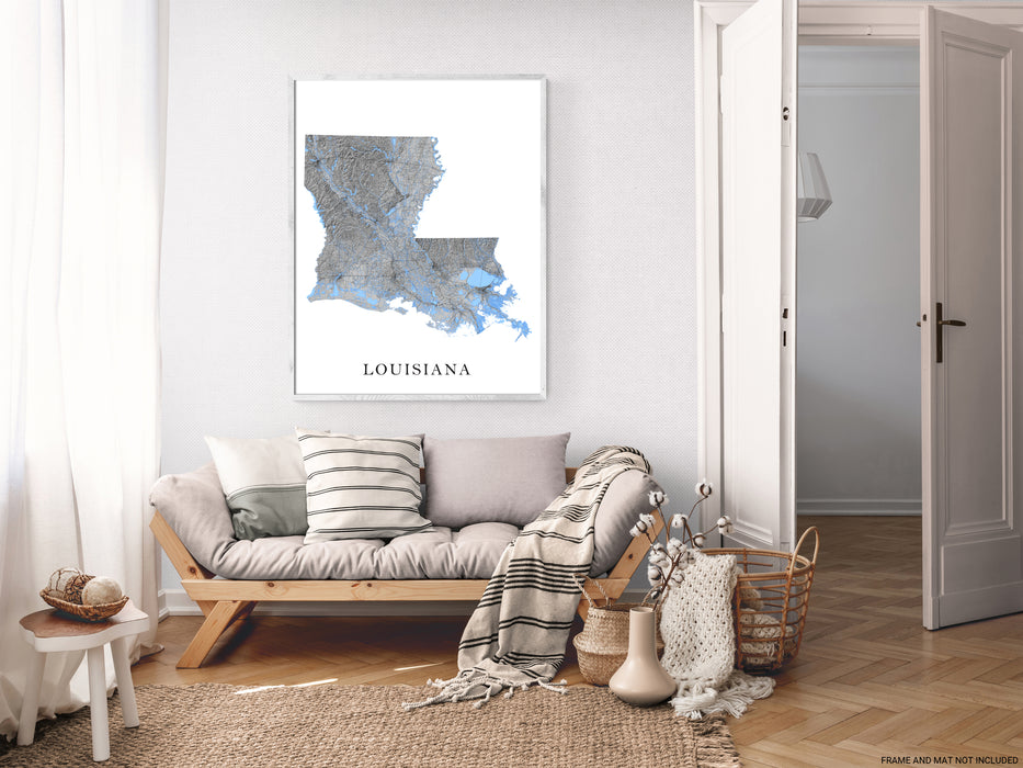 Louisiana state map print with a black and white landscape design by Maps As Art.