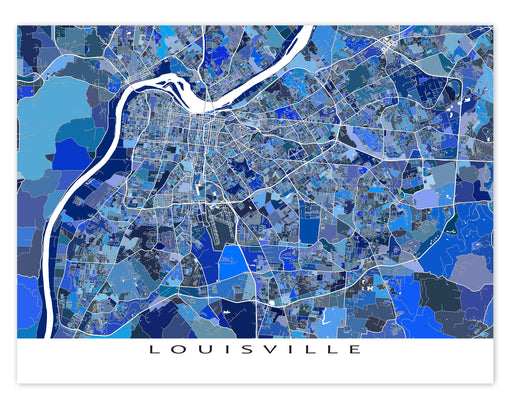 Louisville, Kentucky map art print in blue shapes designed by Maps As Art.