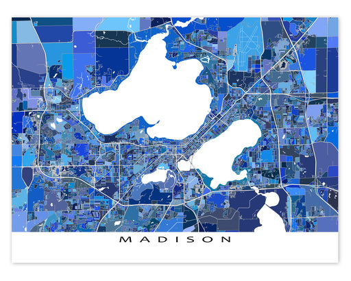 Madison, Wisconsin map art print in blue shapes designed by Maps As Art.
