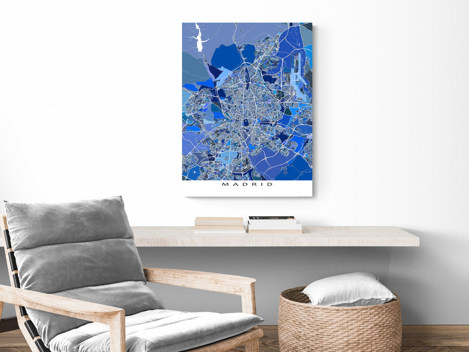 Madrid, Spain map art print in blue shapes designed by Maps As Art.
